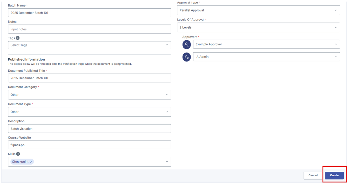 Image of Create batch page with the Create button highlighted in a red box