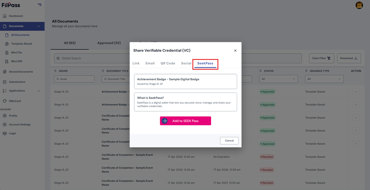 Image to for Share Verifiable Credential to Add to Seek Pass