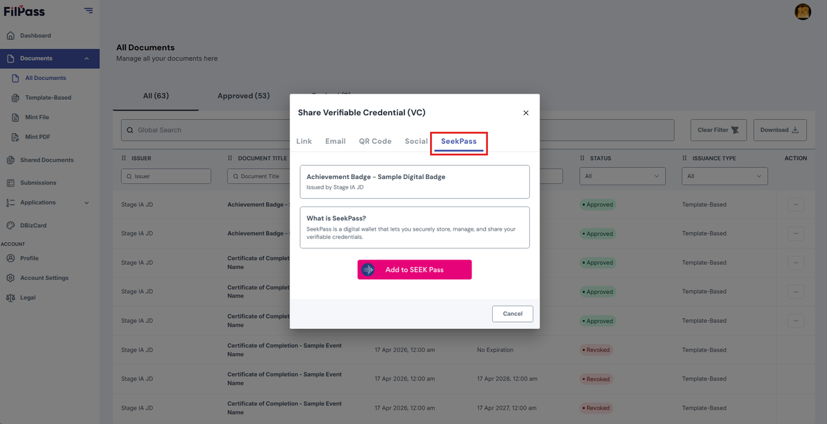 Image to for Share Verifiable Credential to Add to Seek Pass