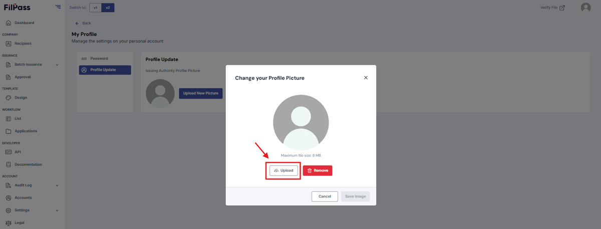 Image of the Change Profile Picture Modal with a highlighted Upload button