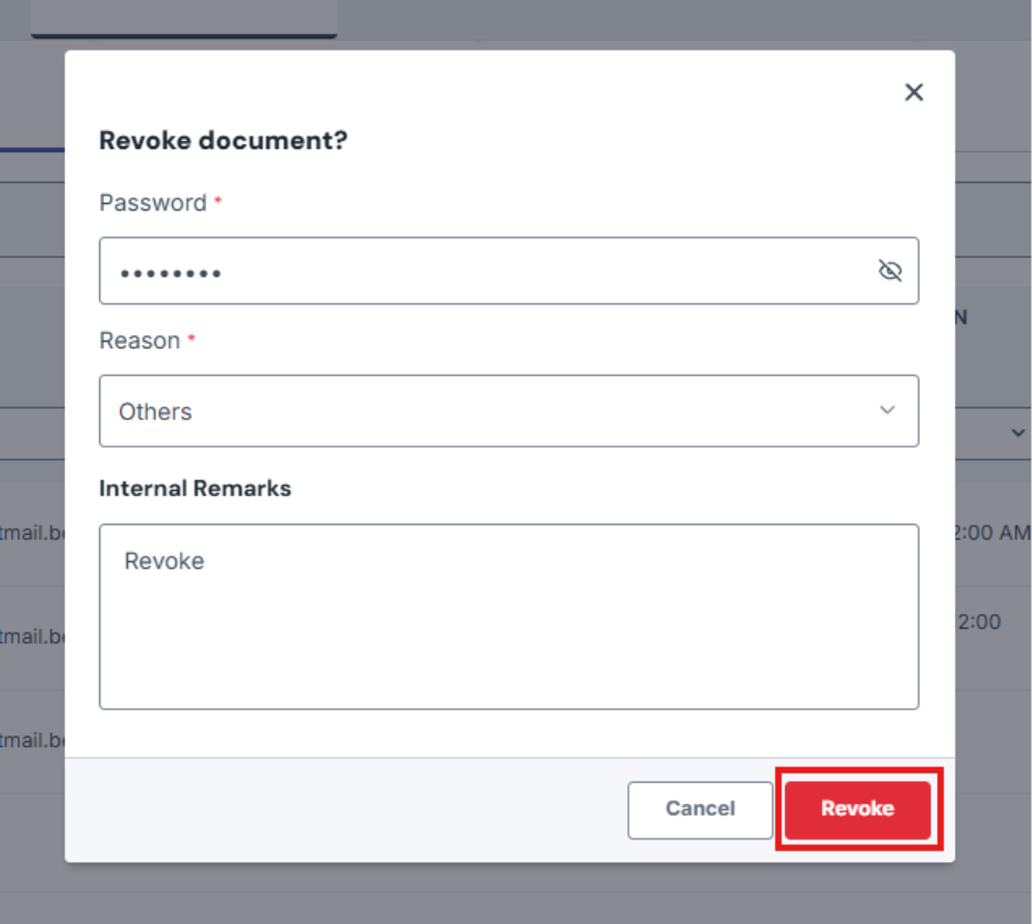 Image of Revoke Confirmation modal with Revoke button highlighted in a red box