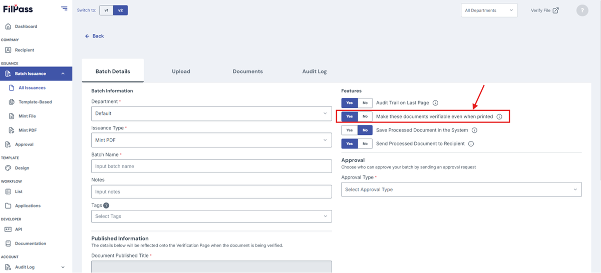 Image of Create Batch page with Make this Document Verifiable when Printed feature highlighted in a red box