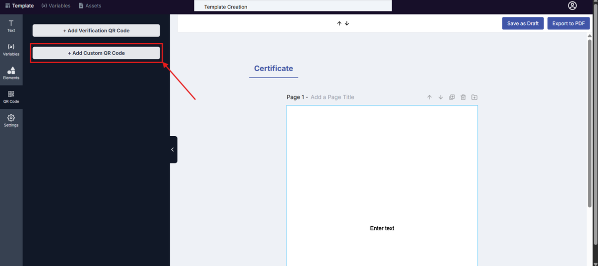 Image of the Template Design page with the Custom QR Code button highlighted in a red box