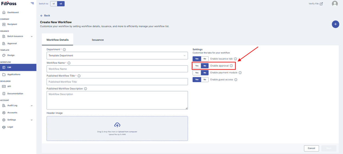 Image of the Create Workflow page with the Enable Approval feature toggle highlighted in a red box
