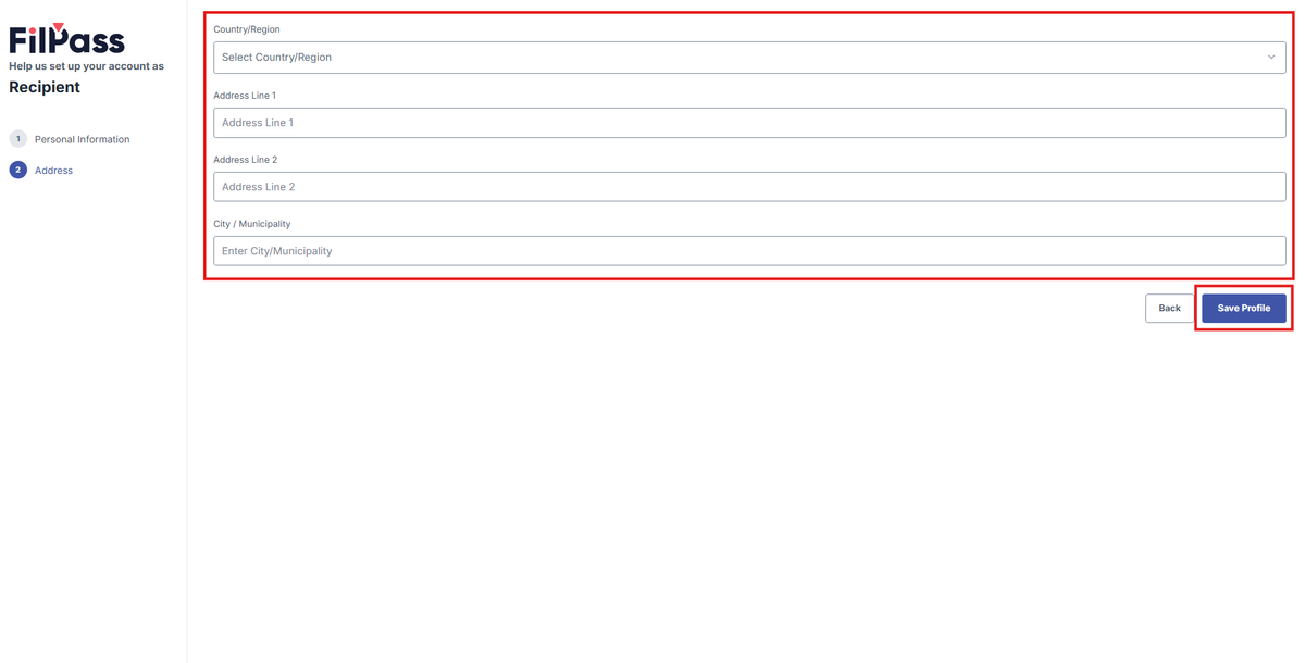 Image of the Address page with the fields and Continue button highlighted in a red box