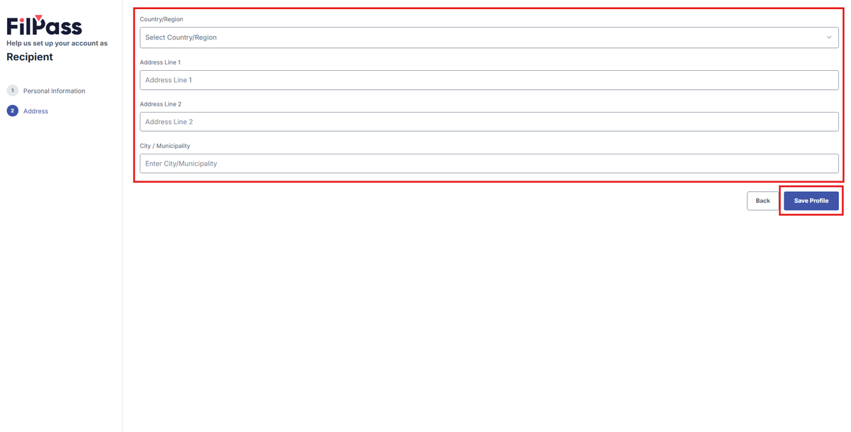 Image of the Address page with the fields and Continue button highlighted in a red box