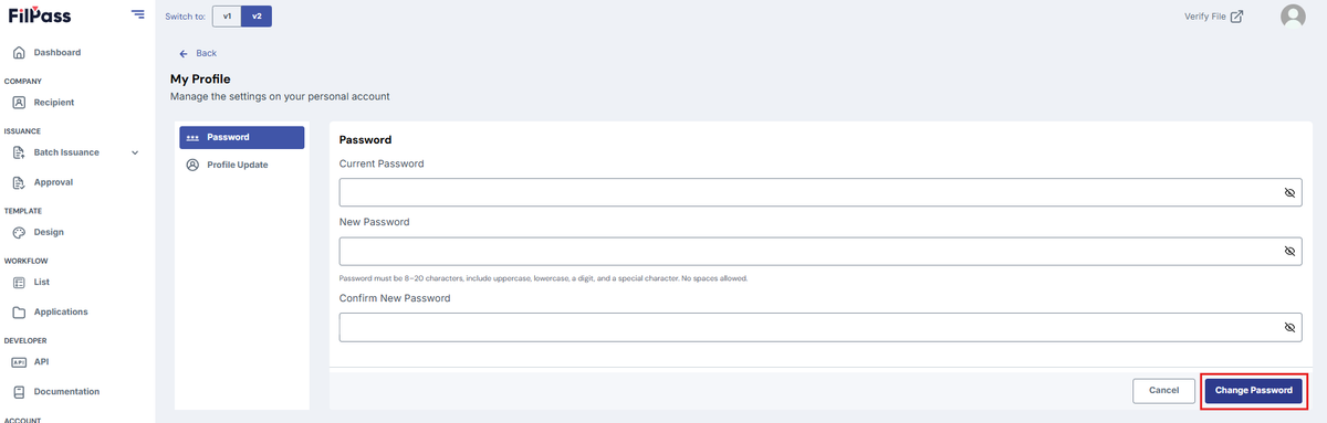 Image of the password page with a highlighted Change Password button.