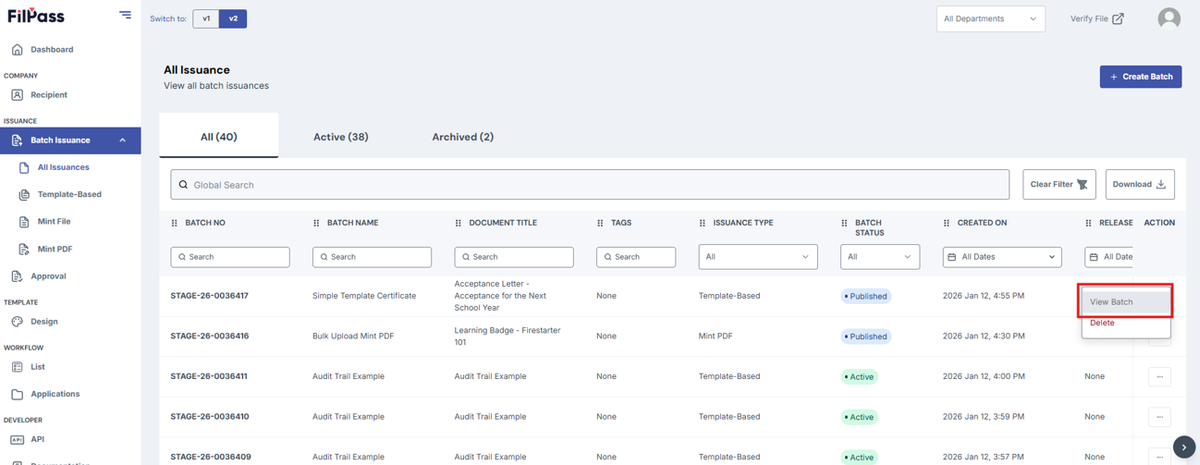 Image of All issuances page with the View batch button highlighted in a red box
