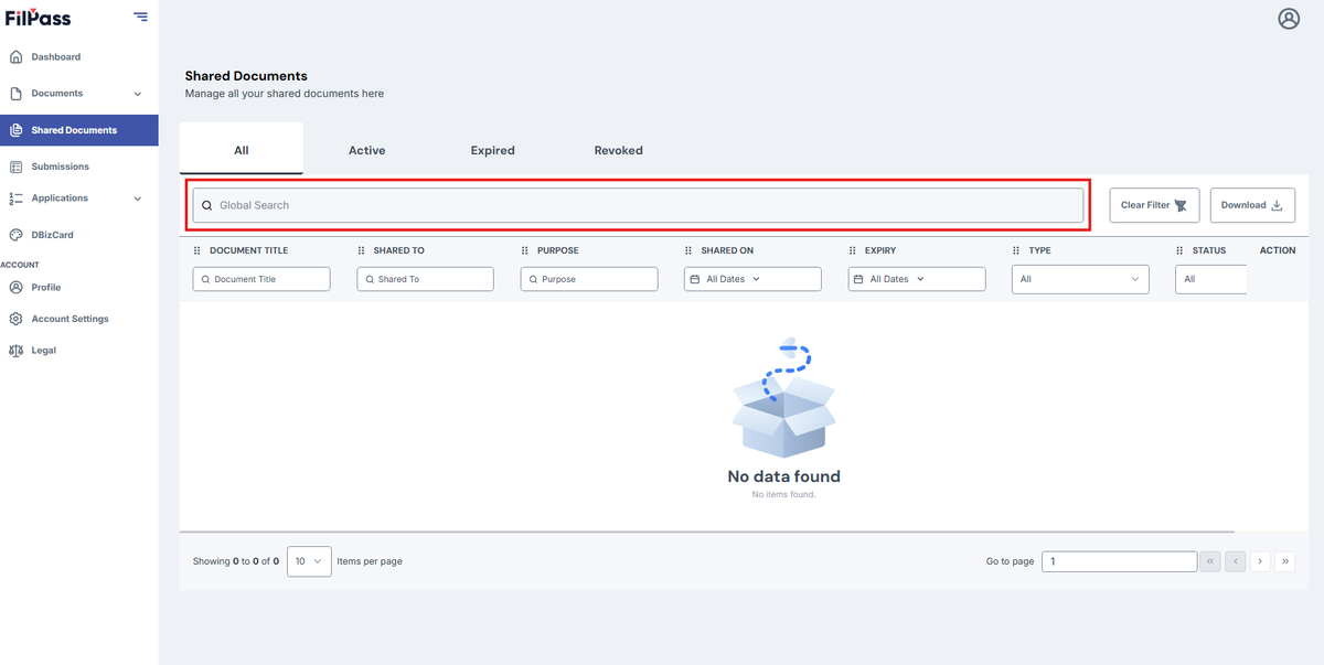 Image of the Shared Documents page with the Global Search field highlighted in a red box