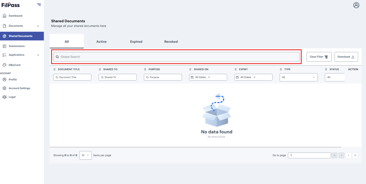 Image of the Shared Documents page with the Global Search field highlighted in a red box
