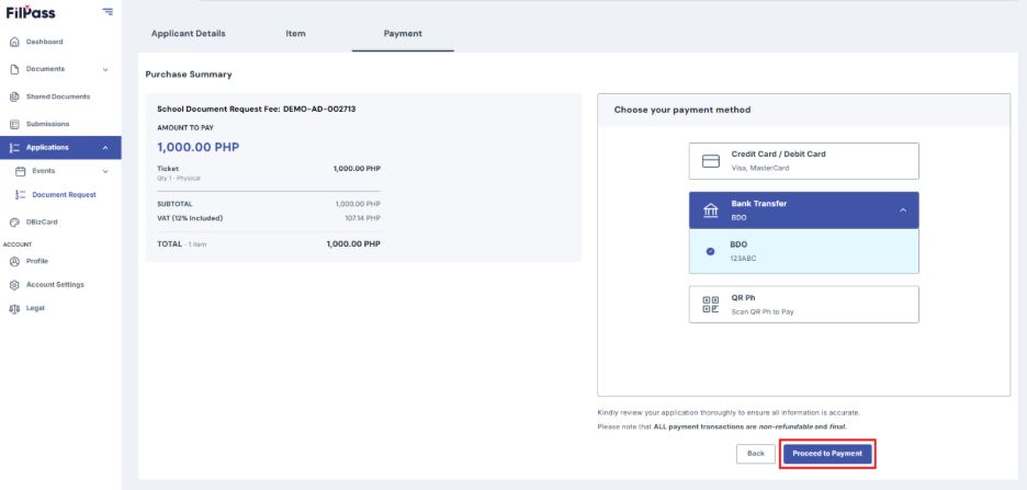Click Proceed to Payment