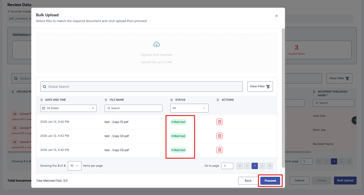Image of Bulk Upload modal with Status column and Proceed button highlighted by a red box