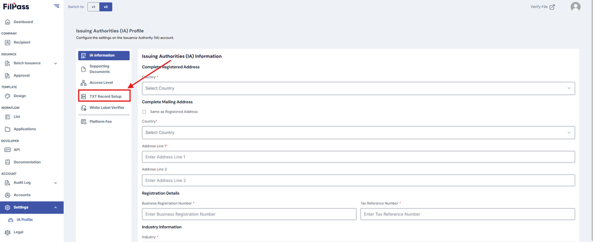 Image of the IA Profile page with a highlighted TXT Record Setup tab.