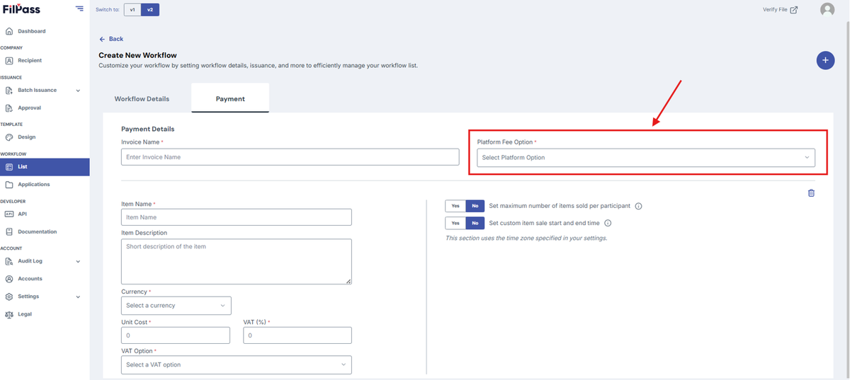 Image of the Payment page with the Platform Fee Option field highlighted in a red box