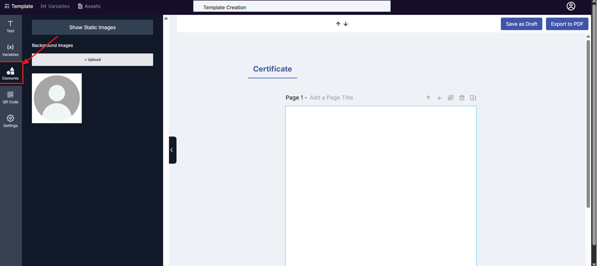 Image of the Template Design page with the Elements button highlighted in a red box