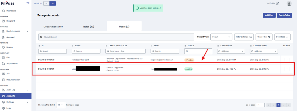 Image of the User table with the reactivated user highlighted