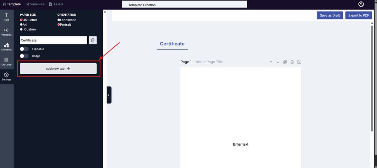 Image of the Template Design page with the Add new tab button highlighted in a red box