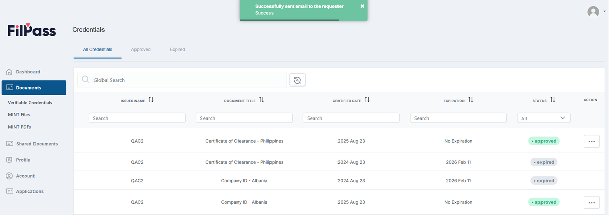 Image of the Documents page with the pop up message "Successfully sent email to the requester"