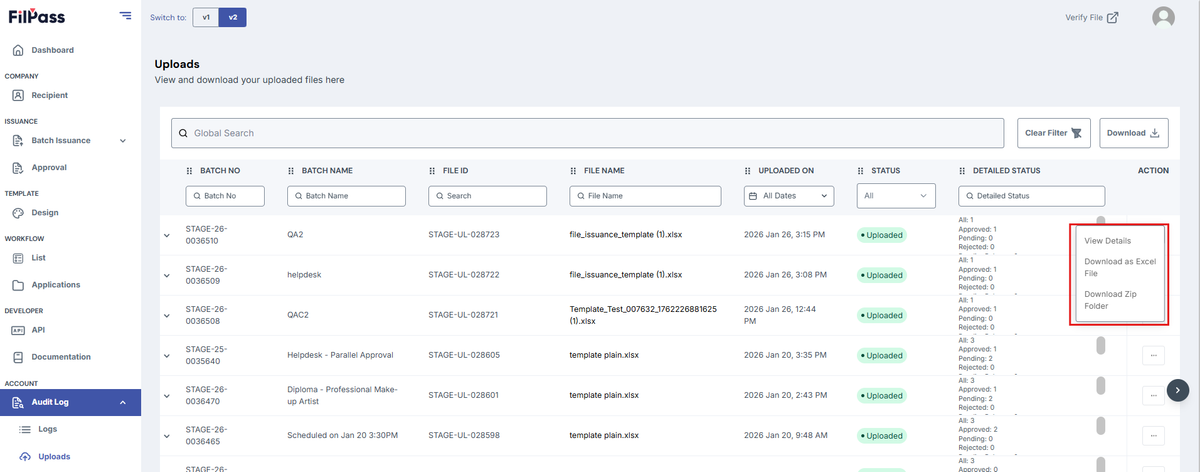 Image showing the actions you can do in Uploads.