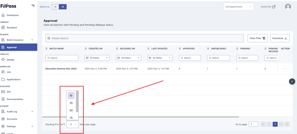 Image of Approval page with the dropdown choices for the pagination highlighted in a red box