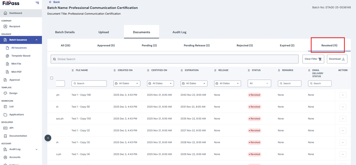 Image of Documents page and the Revoked tab highlighted in a red box