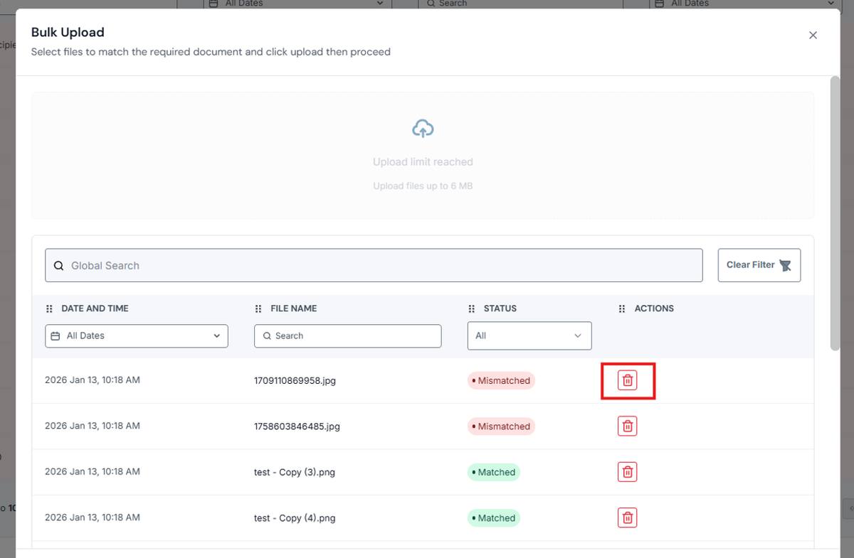 Image of the Bulk Upload modal with the Delete icon/button highlighted in a red box