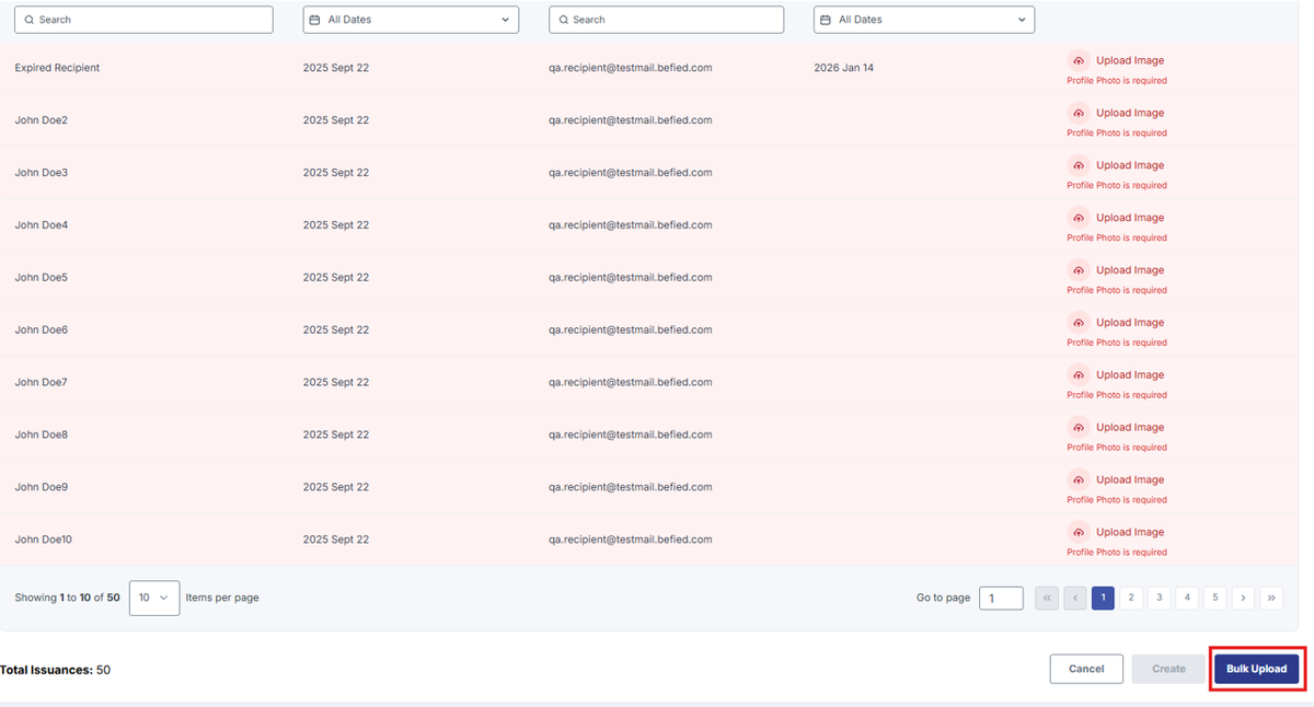 Image of Upload page with Bulk upload button highlighted in a red box