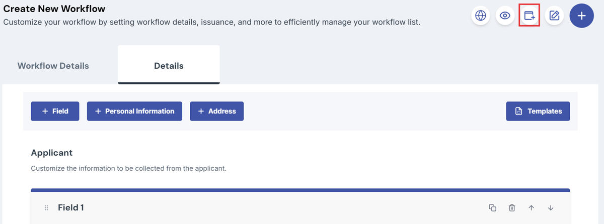Image of the create new workflow page with the add tab icon highlighted with a red box