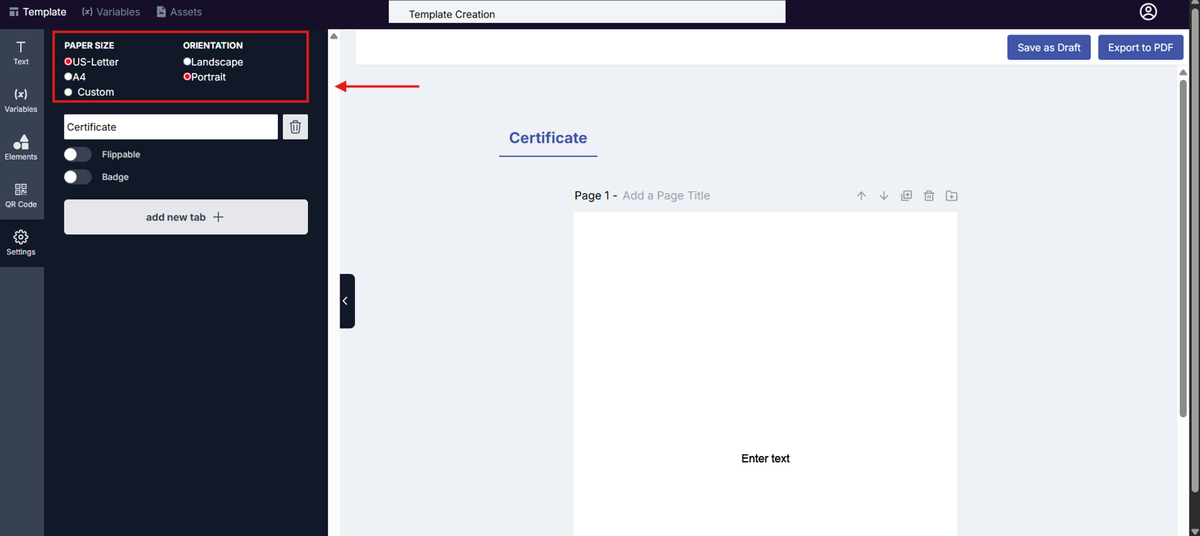 Image of the Template Design page with the Setting options highlighted in a red box