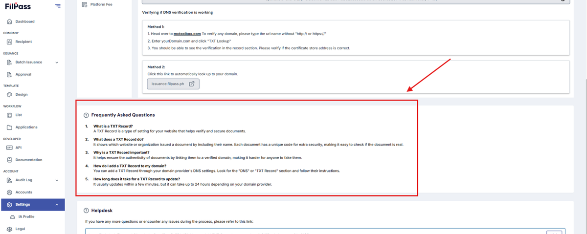 Image of the TXT Record Setup page with the highlighted FAQ