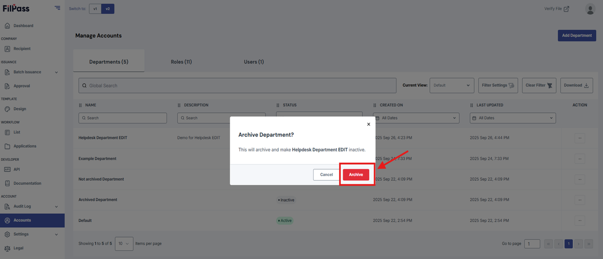 Image of the Archive pop-up modal with the Archive button being highlighted.