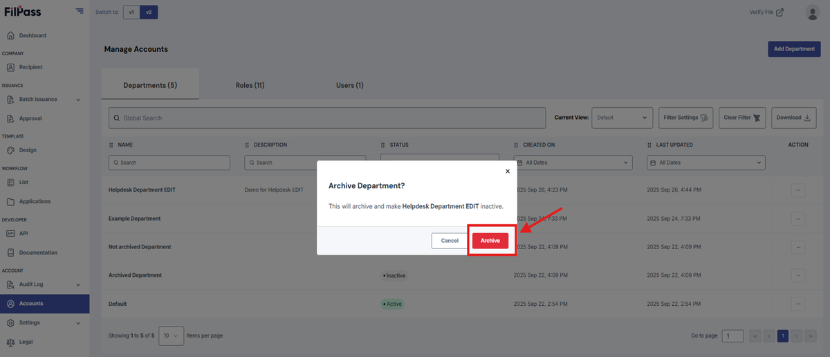 Image of the Archive pop-up modal with the Archive button being highlighted.