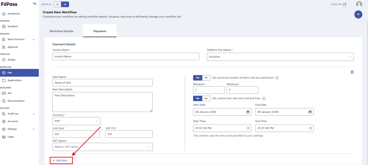 Image of the Payment page tab with the Add Item button highlighted in a red box