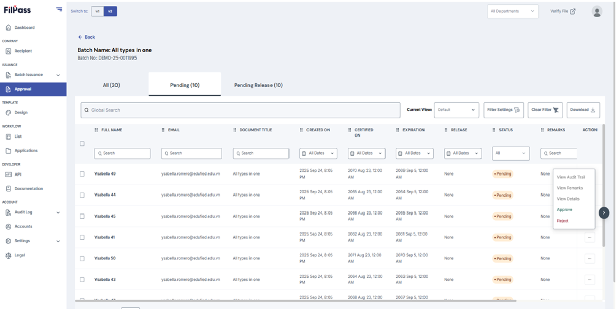 Image of Approval page in Pending tab with the Action button options opened