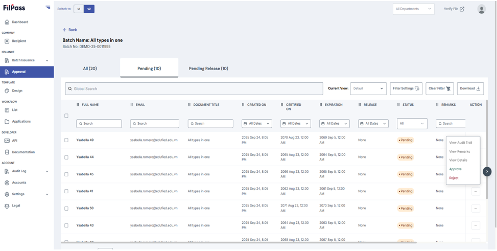 Image of Approval page in Pending tab with the Action button options opened