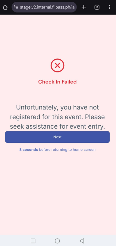 Image of the Check In page with the error message of Check In Failed.