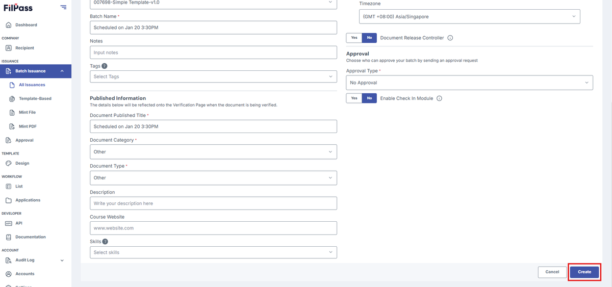 Image of Create Batch page with the Create button highlighted with a red box