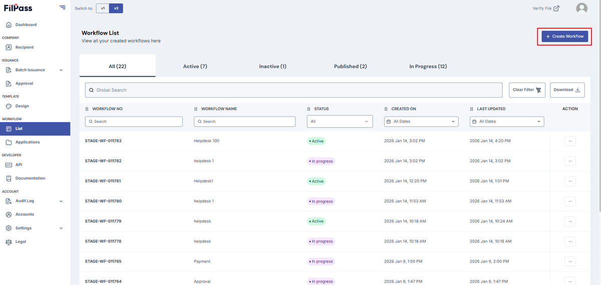 Image of Workflow list page with the Create Workflow button highlighted in a red box