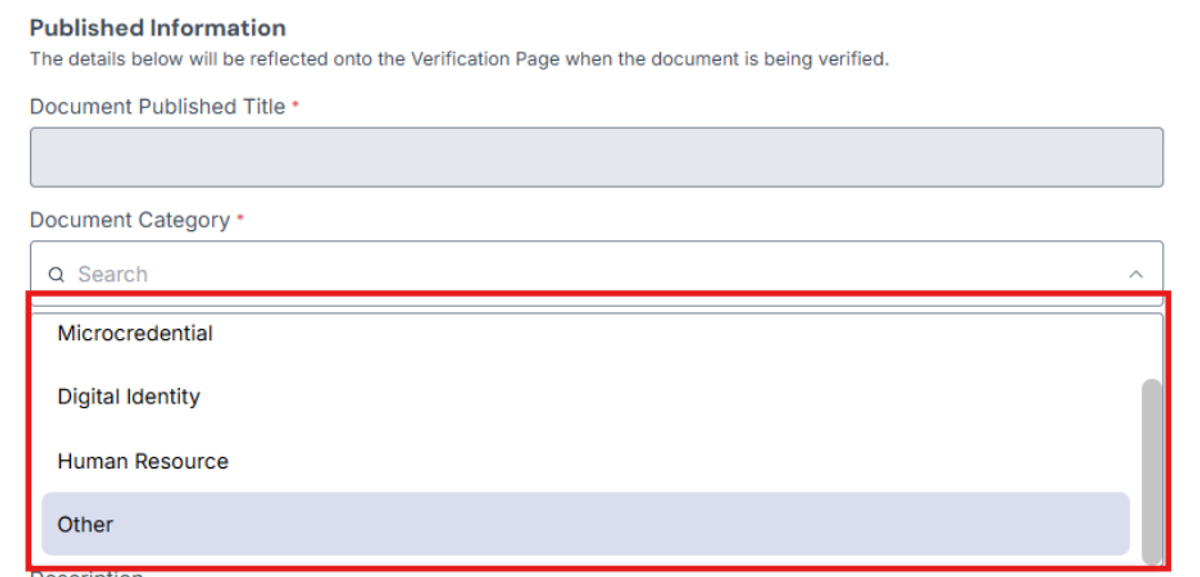 Image of Published Information section with Document Category options are highlighted in a red box