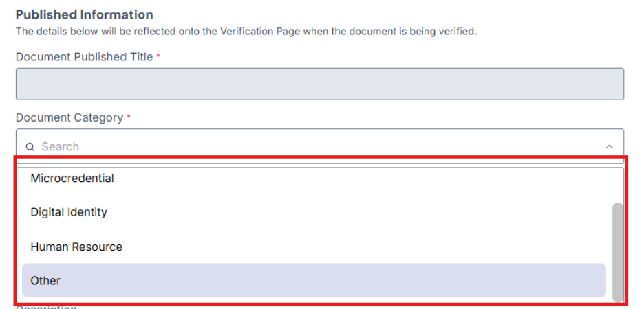 Image of Published Information section with Document Category options are highlighted in a red box