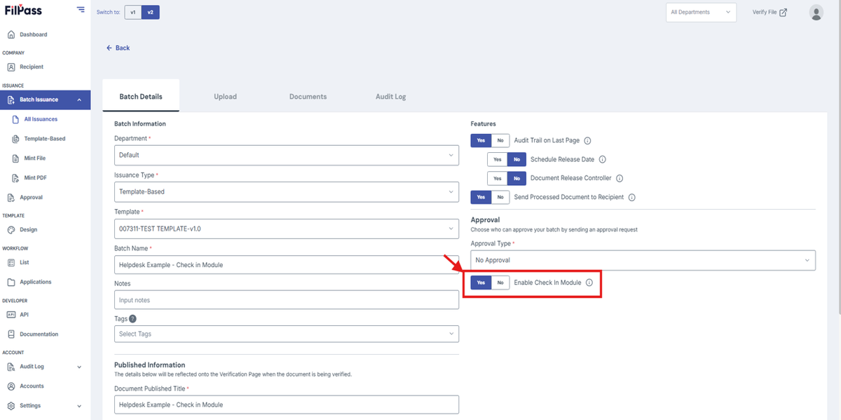 Image of Create batch page with the Enable Check-In module feature highlighted in a red box