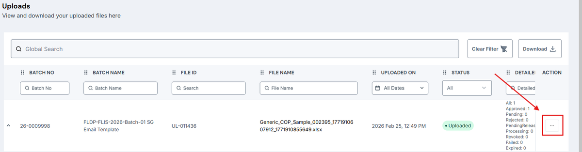 FilPass v2 Uploads page showing a batch record with the three-dot (•••) action menu on the right side of the row.