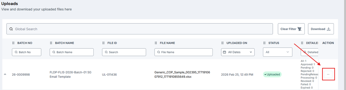 FilPass v2 Uploads page showing a batch record with the three-dot (•••) action menu on the right side of the row.