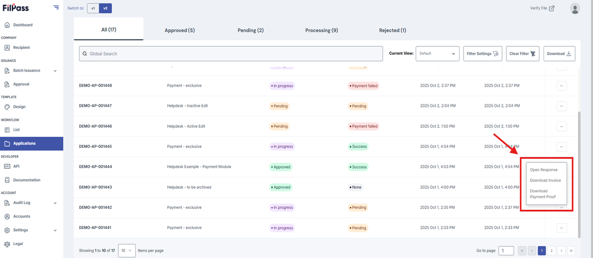 Image of the Workflow Applications page with the Action button options highlighted in a red box