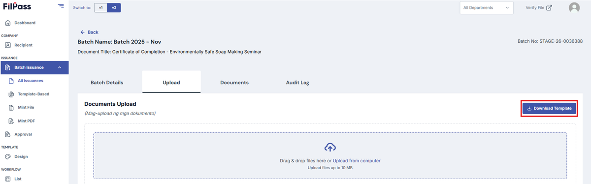 Image of Upload page with Download Template button highlighted with a red box