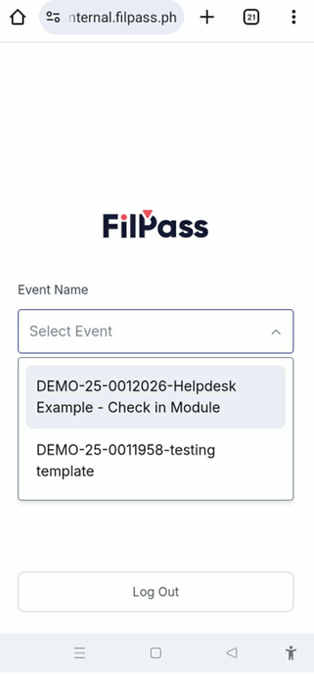 Image of Check-In page with the Events dropdown open