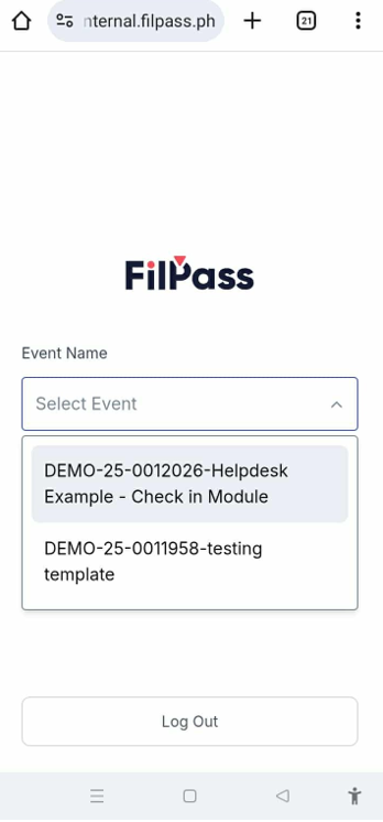 Image of Check-In page with the Events dropdown open