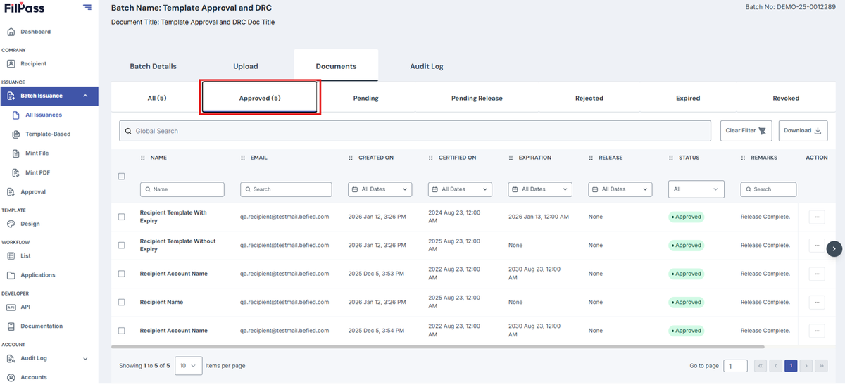 Image of Documents page with Approved tab highlighted with a red box