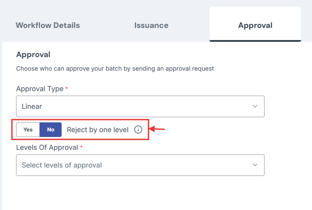 Image of the Approval page with the "Reject by one level" module highlighted in a red box