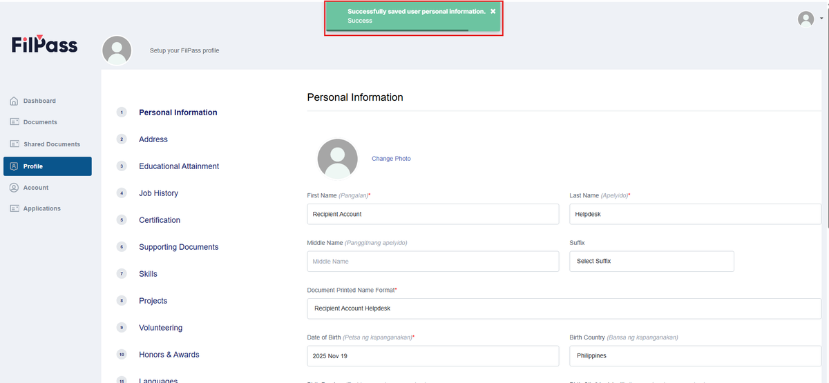 Image of the Profile page with a success pop up message "Successfully saved user information.", highlighted in a red box